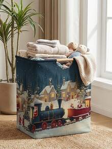 1PC Storage Basket, Laundry Hamper, Laundry Basket, Storage Bucket, House Print Design, Storage Basket With Wooden Handle, Foldable Multi‑Purpose Storage Bin, For Daily Clothes Organization - Multicolor - View 9