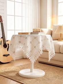 HXARTMIS 1PC White Square Lace Tablecloth, Diamond Embroidery Hollow Out With Tassel Lace Trim Table Cover, Romantic Style Round Coffee Table Side Table Home Decor Tablecloth - White - View 4