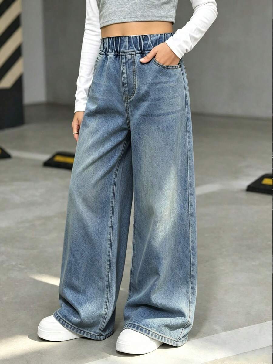 Girls' Spring Denim Jeans, New Fashion Style - Blue - View 1