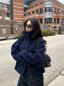 Women's Casual Wool Jacket, Casual Stand Collar Button Design, Navy Blue Thick Coat, Suitable For Commuting, Dating, Daily Wear - Navy Blue - View 2