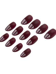 24pcs Autumn/Winter Vintage Street Style Spicy Girl Minimalist Casual Elegant Daily Wear Gold Metal Bead Decor Burgundy Floral Pattern Short Oval Press-On Nails Fake Nail Set, Suitable For Elegant And Sophisticated Girls And Women - Burgundy - View 4