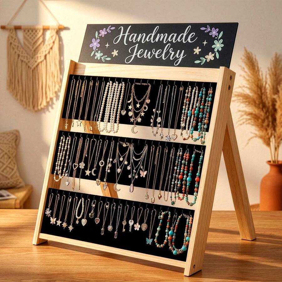 Solid Wood 3-Tier Necklace Display Stand With Chalkboard Wooden Rack For Necklaces Earrings Shop Stall - Black - View 1