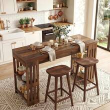 LITTLE TREE 160cm Wooden Bar Table‑Wine Rack‑Storage Shelves‑Brown‑Bistro Home Bar Unit‑For Kitchen Dining Living Room - Brown - View 5