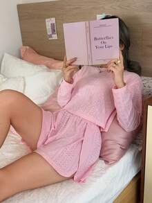 2pcs Women's Semi-Hollow Round Neck Long Sleeve Cute Loungewear + Side Slit Shorts - Pink - View 7