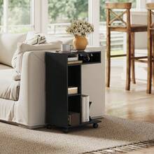 Side Table, C-Shaped Serving Trolley, 4 Wheels, 3 Compartments, 40 X 30 X 69 Cm, Black - Black - View 3