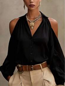 Plus Size Women's Cold Shoulder Blouse, Button Front, Long Sleeve, Regular Fit Black Shirt Top - Black - View 1