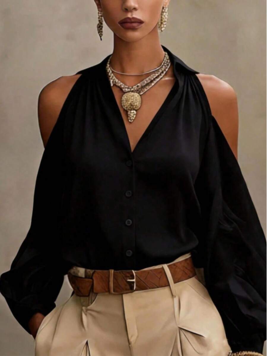 Plus Size Women's Cold Shoulder Blouse, Button Front, Long Sleeve, Regular Fit Black Shirt Top - Black - View 1
