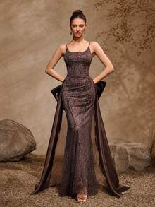 VIPGIRL Elegant Caramel Color Spaghetti Strap Evening Gown, Fully Embellished With Beads And Sequins Embroidery, Vintage Vibe. Party Wedding Fall - Lilac Purple - View 1