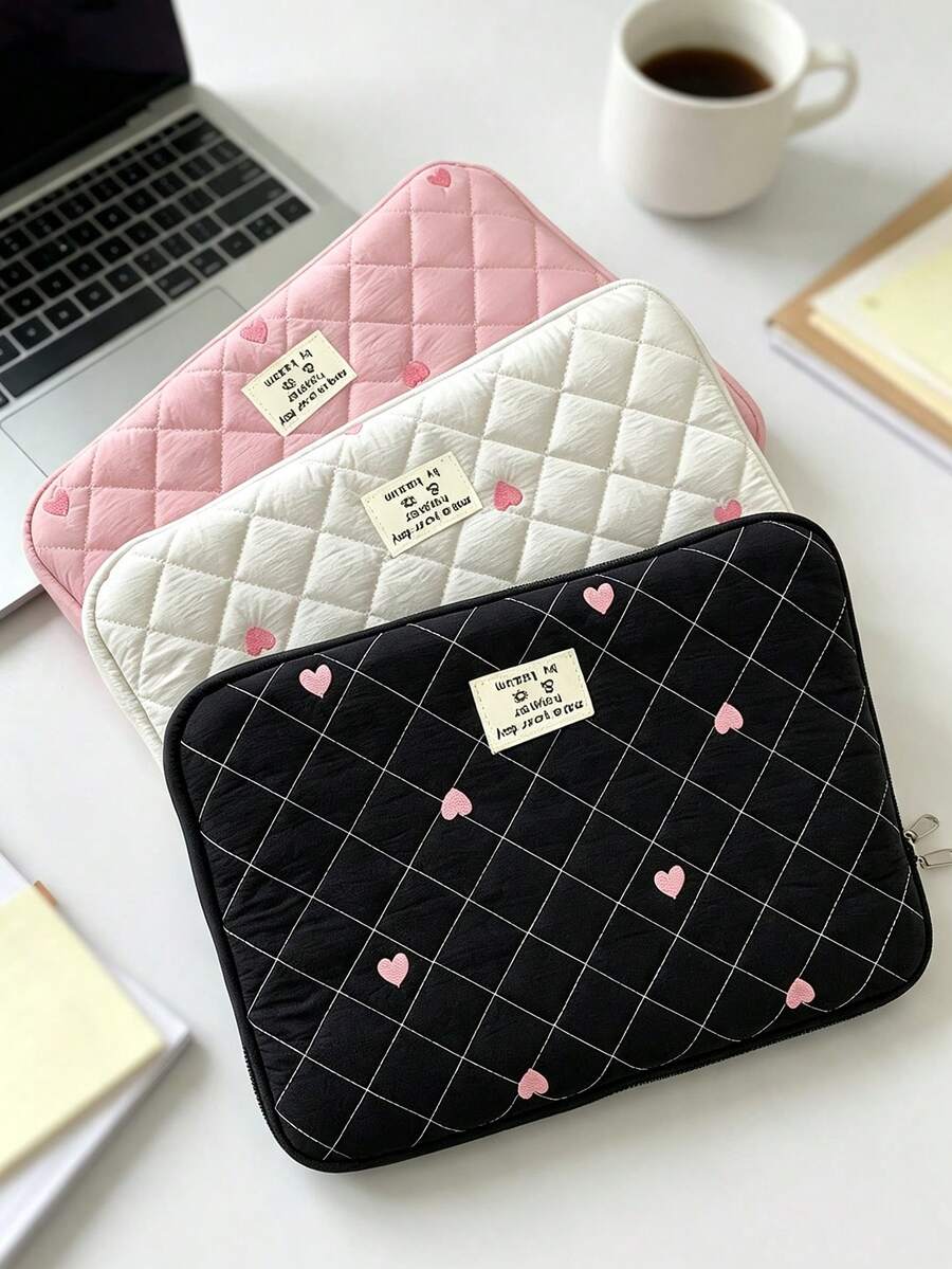 1pc Polyester Diamond Grid Heart Embroidery Laptop/Tablet Storage Bag, Suitable For 11/13/15 Inch Laptop/Tablet Storage, Design, Embroidered Heart Accents - Multicolor - View 1
