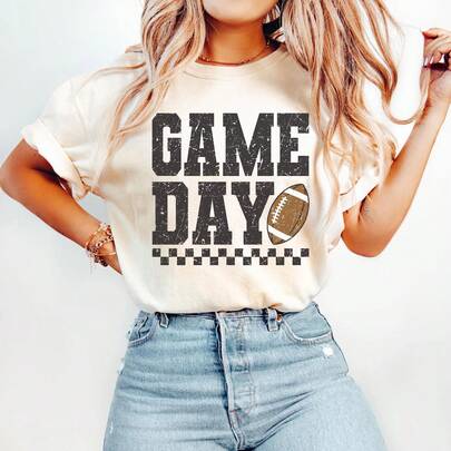 Fall Tops, Game Day Distressed Football Checkered Graphic Tee, Beach Outfit For Woman, Vacation Outfit Women Casual Retro Short Sleeve Shirt