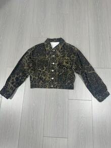 Women's Y2K Denim Jacket, Lapel Long Sleeve Aviator Jacket, Vintage Grunge Style - Leopard - View 7