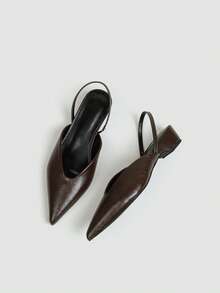 Women's Chocolate Brown Pleated Faux Leather Slingback Pumps, V-Cut Pointed Toe Open Back High Heels, Elegant Commute Formal Shoes - Brown - View 2