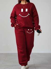 Plus Size Women's Cute Face Print Crew Neck Long Sleeve Sweatshirt And Sweatpants Casual Set, Suitable For Autumn/Winter Home, Sports And Leisure Wear, Comfortable And Warm. - Burgundy - View 2