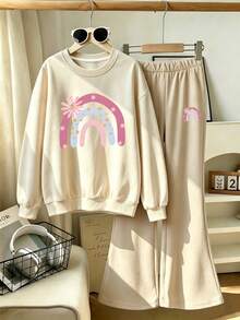 Tween Girl Autumn/Winter New Arrival, Rainbow Floral Print Long Sleeve Crew Neck Comfortable Sweatshirt & Flared Pants 2-Piece Set, Suitable For Autumn/Winter, Outings, Parties, Travel, Back To School - Apricot - View 2