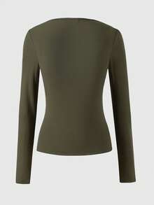 Women's Solid Color Square Neck Long Sleeve Cropped Top, Elastic Slim Fit Tight Knit, Basic T-Shirt For Outings - Green - View 6