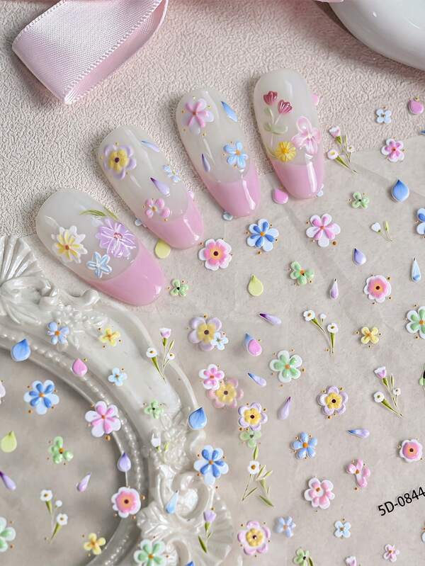 1pc 5D Embossed Jelly Flower Nail Art Stickers Gradient Five-Petaled Flower Nail Decals Pink Purple Blue Girls Manicure Decals