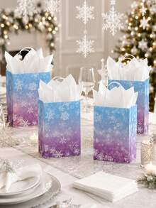 10/5/1pc Winter Snowflake Gift Bags, Blue-Purple Gradient Snowflake Gift Bags With Tissue Paper, Holiday Kraft Paper Handheld Party Favor Bags, Suitable For Christmas, Birthday, Wedding Celebration - Multicolor - View 8
