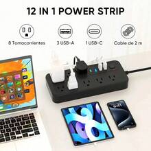 Multicontacto Usb Extension Electrica 8 Tomas 4 Puertos Usb Tipo C Multi Contacto Extensiones Electricas Cable 2m Con Proteccion Contra Sobrecarga Para Hogar Oficina Escritorio Negro - Negro - Ver 3