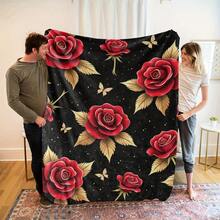 Red Rose Floral Fleece Throw Retro 70s Groovy Designer Fleece Blanket – Soft Thermal Insulated Design - Multicolor - View 2