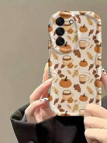 1pc Cream Wavy Edge Shockproof Anti-Fall Protective Phone Case, Autumn Phone Shell, Wavy Edge Cream Background Pumpkin Coffee Cup Maple Leaf Full Print Soft TPU Anti-Fall Phone Protective Case, Suitable For Android System Anti-Fall Protective Shell Compatible With Samsung, Series Phones - White - View 4
