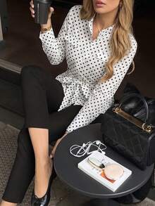 Spring/Summer Polka Dot Cinched Waist Long Sleeve Blouse, Stand Collar Pocket Slim Fit, Versatile Top For Office, Business, Commuting And Dating - Multicolor - View 8