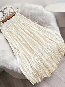 Women's Popular New Arrival Linen Bohemian Style Relaxed Pleated Ruched Midi Skirt - Apricot - View 4