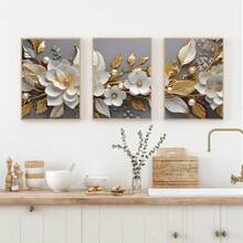 3pcs/Set Painting, White And Gold Flower Design, High Quality Printing, Canvas Poster, Home Decor, Gift, Unframed - Floral - View 4
