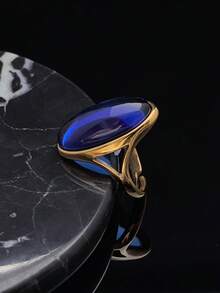 Fashionable High-Quality Stainless Steel 316 Gold-Plated Ring With Beautiful Artificial Blue Stones, Blue Synthetic Crystal Adjustable Ring For Women - Blue - View 1