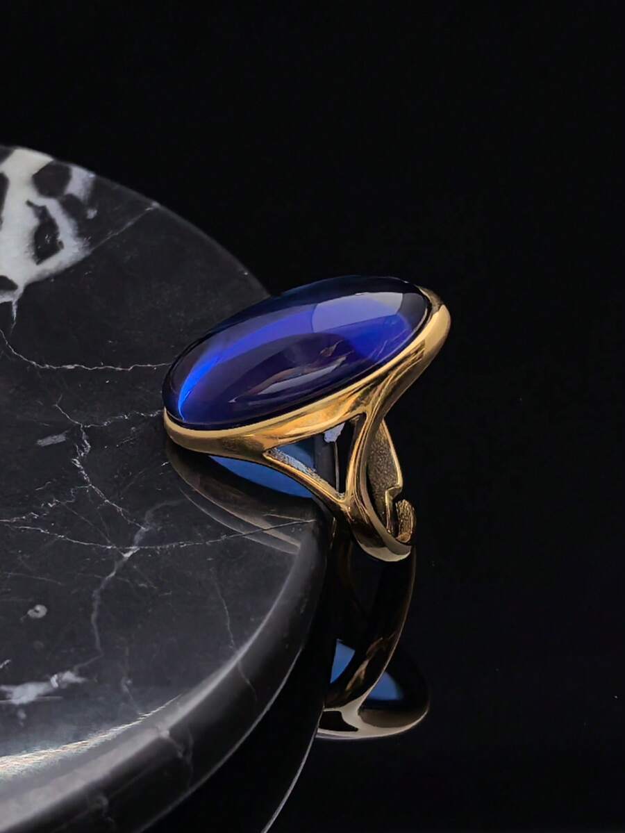 Fashionable High-Quality Stainless Steel 316 Gold-Plated Ring With Beautiful Artificial Blue Stones, Blue Synthetic Crystal Adjustable Ring For Women - Blue - View 1