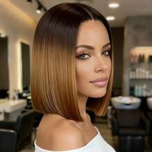 Unisex 12 Inch Gradient Brown Bob Wig, Middle Part No Bangs Style, Heat-Resistant Synthetic Fiber With Adjustable Cap, Natural Look For Daily Wear And Cosplay, Versatile Wig - Multicolor - View 5