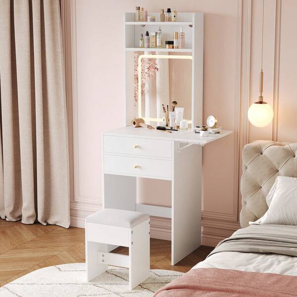 Classic Style Vanity Table / Space-Saving Design For A Small Vanity / Adjustable LED Lighting / 2 Drawers / Easy Assembly / 2 Open Compartments / Suitable For Bedroom/Dressing Room, White, Dimensions: 75 X 156 X 45 Cm