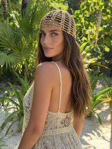 1 Peça Gorro de Tricô Feminino Vintage Francês com Lantejoulas, Chapéu Slouchy Feminino de Crochê Vazado para Férias/Praia/Uso Diário - Multicolorido - Visão 3