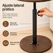 Mesa Lateral Redonda Regulável Altura Cor Imbuia, Tampo Diâmetro 40cm, Altura 40 a 75cm, Suporte Metálico Preto e Base Redonda Ponderada, Ideal ao Lado do Sofá e Áreas de Lazer da Sala - MesaLateral-RedondaRegulavel-NogalPreto - Visão 8