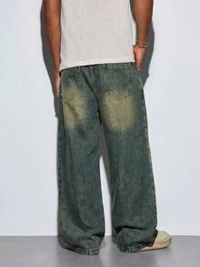 Modcrash 1pc Celana Jeans Kaki Lebar Longgar Justice Brother Kasual Serbaguna untuk Pasangan dengan Efek Distressed Vintage Washed Musim Gugur/Musim Dingin - Teal Blue - View 2