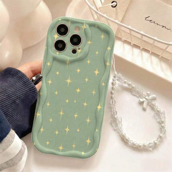 Fresh Matcha Green Full Print Gold Four-Pointed Star Wavy Edge Phone Case With Pearl Transparent Bowknot Beaded Wrist Strap, Minimalist Gentle Girly Full Coverage Shockproof Soft Shell Compatible With Galaxy, Honor X, HW, C53 C55, Perfect For Daily Use, Great Birthday And Christmas Gift For Couples, Boyfriend, Girlfriend And Girls