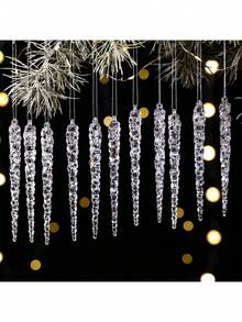12pcs Clear Acrylic Icicle Hanging Ornaments With String - Rustic Christmas Tree Decor, Hanging Prism Lights, Suitable For Holiday Home Decoration, Tree Ornaments, Holiday Lighting, Theme Party Decor, Christmas Decoration - Multicolor - View 10