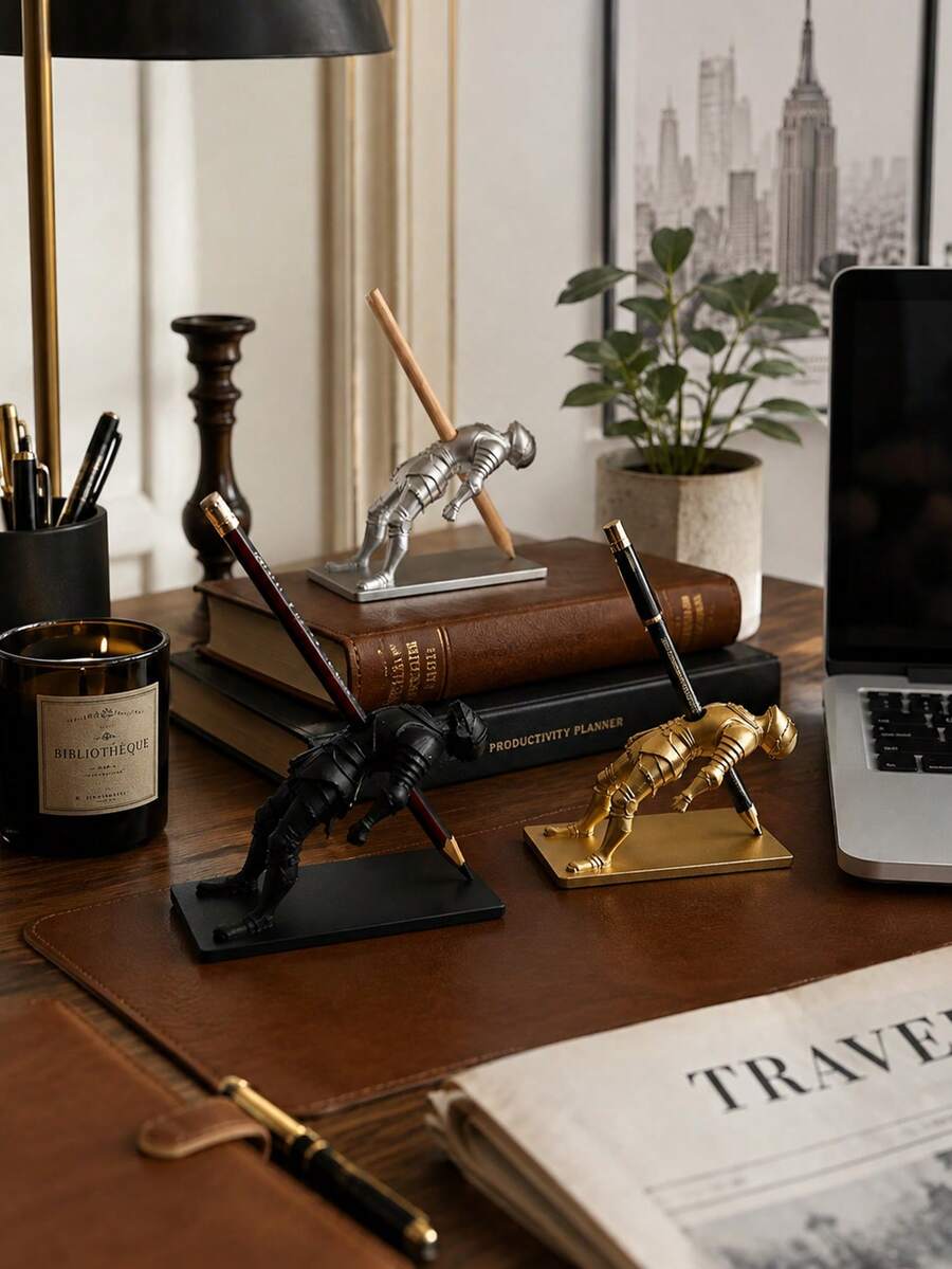 Knight Pen Holder Desktop Decor, Medieval Armor Warrior Pen Stand Resin Figurine, Creative Fun Pencil Storage Rack, Novel Desktop Ornament, Unique Office Supplies, Cool Desktop Accessory Gift For Colleagues, Students, Home And Office Desk Decoration - Multicolor - View 1