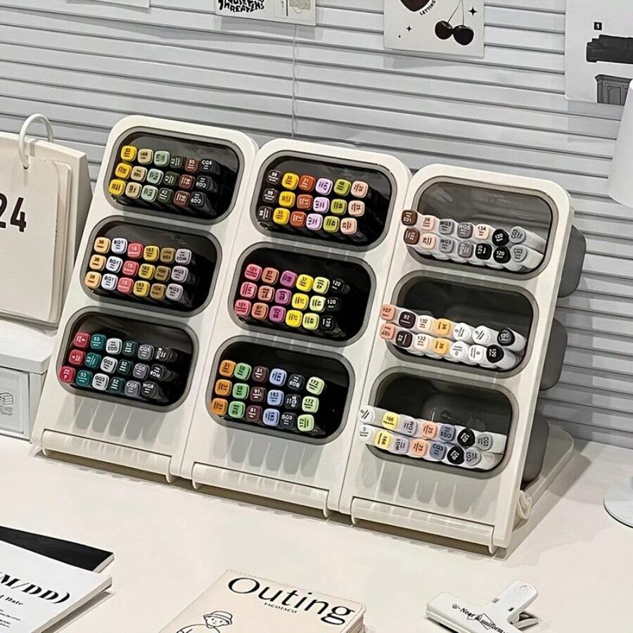 1pc Large Capacity Desktop Organizer, Slanted Student Pen Holder, Office Stationery Marker Storage Rack, Capsule Coffee Storage Box, Tea & Snack Organizer Rack, Makeup Brush Holder - Multicolor - View 1