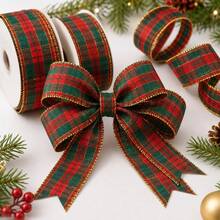 Red And Green Plaid Ribbon With Luxurious Gold Trim Pattern, Suitable For Gift Wrapping, Holiday Celebrations, Making Bows, Wreaths And Other DIY Crafts - Multicolor - View 7