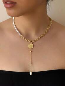 1pc Fashionable Beaded Chain Long Necklace, Vintage Style Personalized Necklace - necklace - View 1
