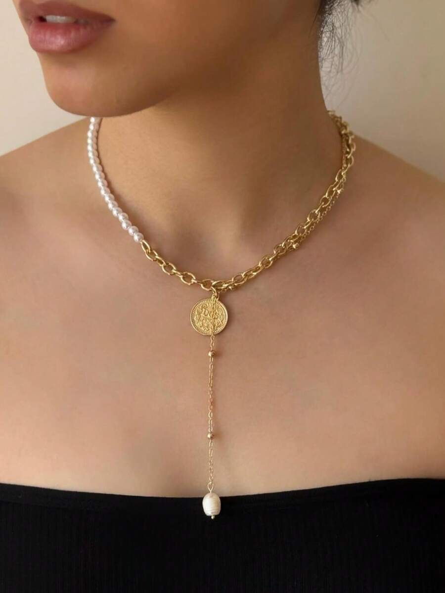 1pc Fashionable Beaded Chain Long Necklace, Vintage Style Personalized Necklace - necklace - View 1