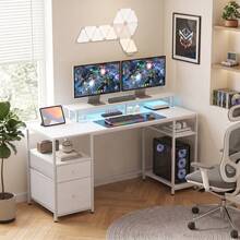 HOMCOM Mesa de Escritorio Mesa de Ordenador con Luces LED Estantes Cajones Tomas de Corriente Puertos USB y Soporte para Monitor para Oficina Estudio 155,5x48x88,5 cm Blanco - Enchufe EU Tipo C(220-240V) - Ver 2