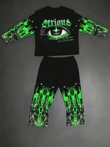 [2D Printed Pattern]Plus Size Men's 2 Pieces Set, Men's Wide Leg Pants, Long Sleeve Pattern T-Shirt, Streetwear "Green Flame Demon Eye Gothic English Faux Rhinestone Print" Pattern Set - Polyester Fabric, Drawstring, Pockets, Suitable For Plus Size - Black - View 3