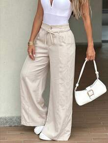 GLAMSKIN Women's Autumn Basic Drawstring Elastic Waist Wide Leg Pants, Stitching Detail Loose Long Pants, Suitable For Back To School, Church, Outings And Streetwear Casual Bottoms - Apricot - View 5