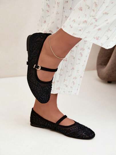 Elegant And Comfortable Women's Mesh Ballet Flats With Embroidery And Sequins For Everyday With Caletta Strap Black Beige Brown
