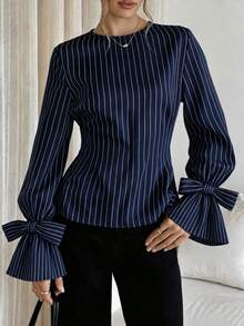 Elegant Women's Round Neck Striped Blouse, Bow Design Bell Sleeves, Polyester Fabric, Suitable For Spring And Autumn Seasons, Elegant Office And Casual Fashion Style - Blue - View 4