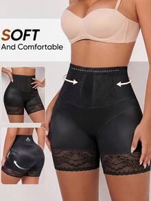 Women's High Waist Lace Patchwork Shaping Shorts, Tummy Control Butt Lift Smoothing Underwear, Soft Comfortable Shorts, Suitable For Autumn And Party - Black - View 1