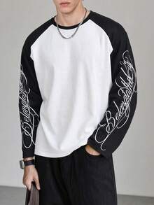 Men's Vintage-Style Spring/Summer New Arrival Black & White Contrast Color Floral Letter Print Casual Loose Fit Long Sleeve T-Shirt - Black and White - View 1