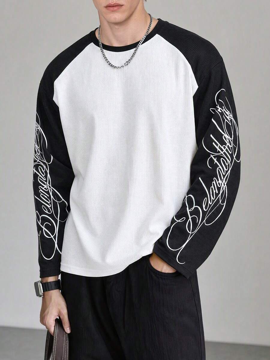 Men's Vintage-Style Spring/Summer New Arrival Black & White Contrast Color Floral Letter Print Casual Loose Fit Long Sleeve T-Shirt - Black and White - View 1