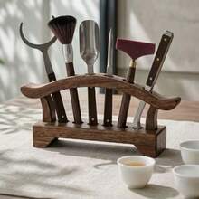 1pc Walnut Wood Tea Set Storage Rack, Six Gentlemen Tea Utensil Holder, Tea Art Decor, Makeup Brush Storage Display Stand, Suitable For Tea Room, Vanity, Desktop Organization - Mocha Brown - View 11